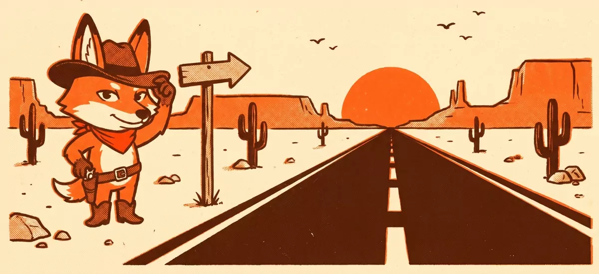 The SwapGun coyote tipping his hat beside a straight desert road to the horizon